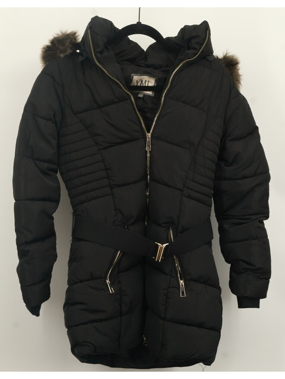YMI Womens Black Puffer Jacket Faux Fur Hood Belted Quilted Coat Size Small New